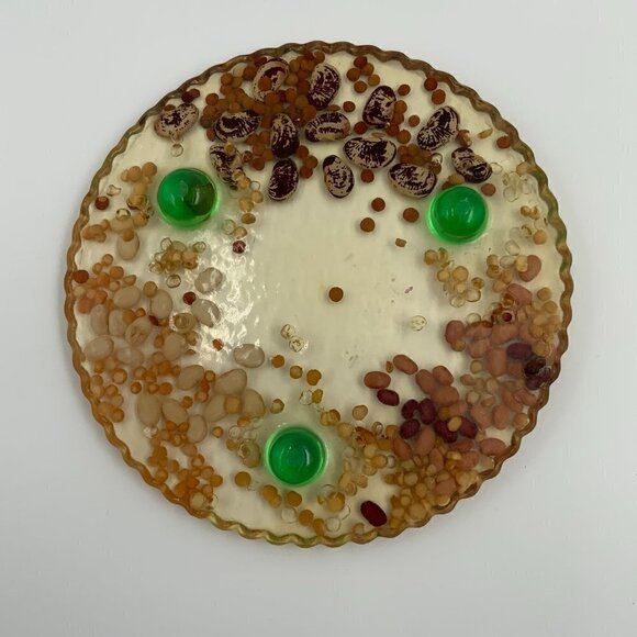 Vintage Handmade Mixed Bean Round Lucite Trivet with Green Feet - Picture 1 of 6